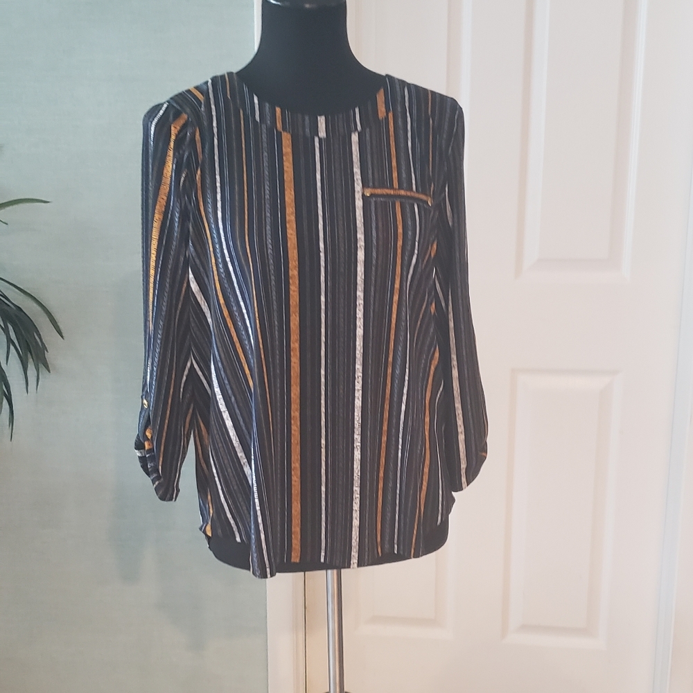 Navy, gold and white striped tunic type top
